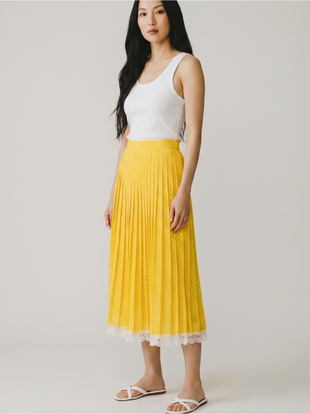 Miu Miu Women’s Yellow Lace-Trimmed Pleated Polka-Dot Crepe Midi Skirt Size 2